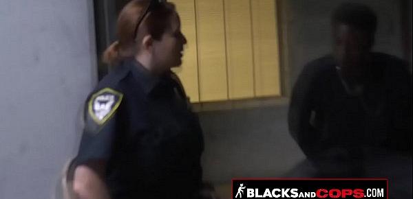  Black stud 35bdis apprehended by two stunning MILF cops with round butts.